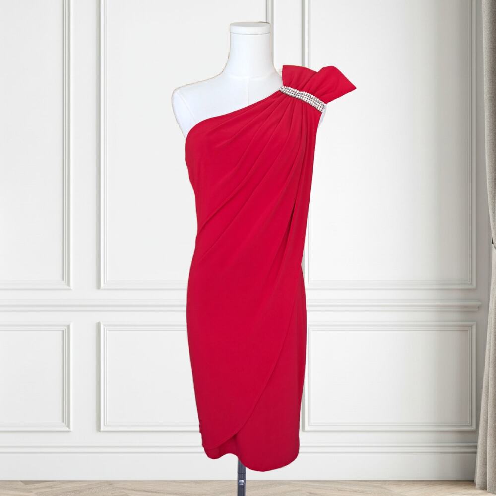 CACHE Red One-Shoulder Cocktail Dress Small Draped Stretch Jersey